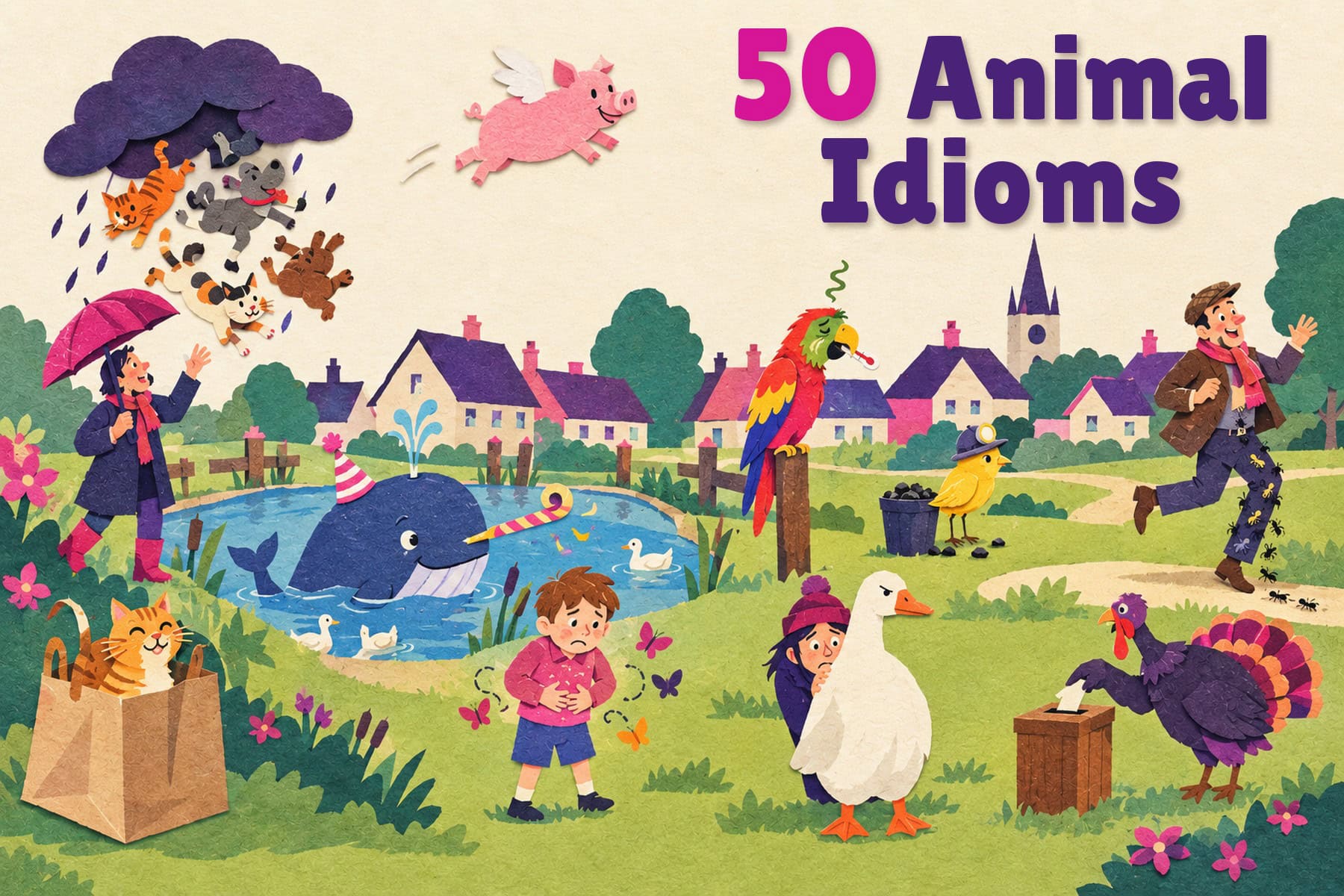 50 Animal Idioms: cut-paper collage of a village green showing a flying pig, raining cats and dogs, a cat out of a bag, a whale having a party, a sick parrot, a canary in a miner's helmet, butterflies in a boy's stomach, ants in a man's pants, a goose and a turkey voting
