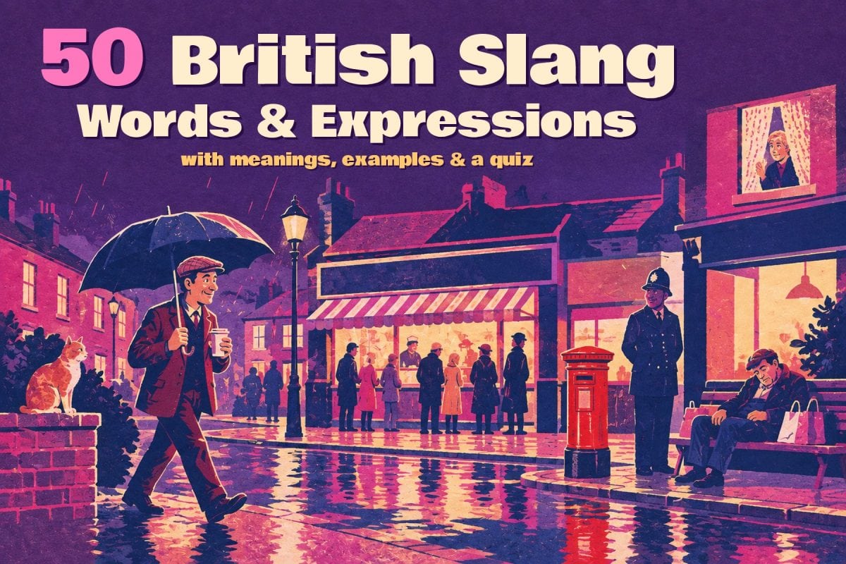 50 British Slang Words and Expressions: poster-style illustration of a rainy British high street with a bloke under a brolly holding a cuppa, a moggy on a wall, a chip shop queue, a curtain-twitcher at a window, a police officer and a knackered man asleep on a bench