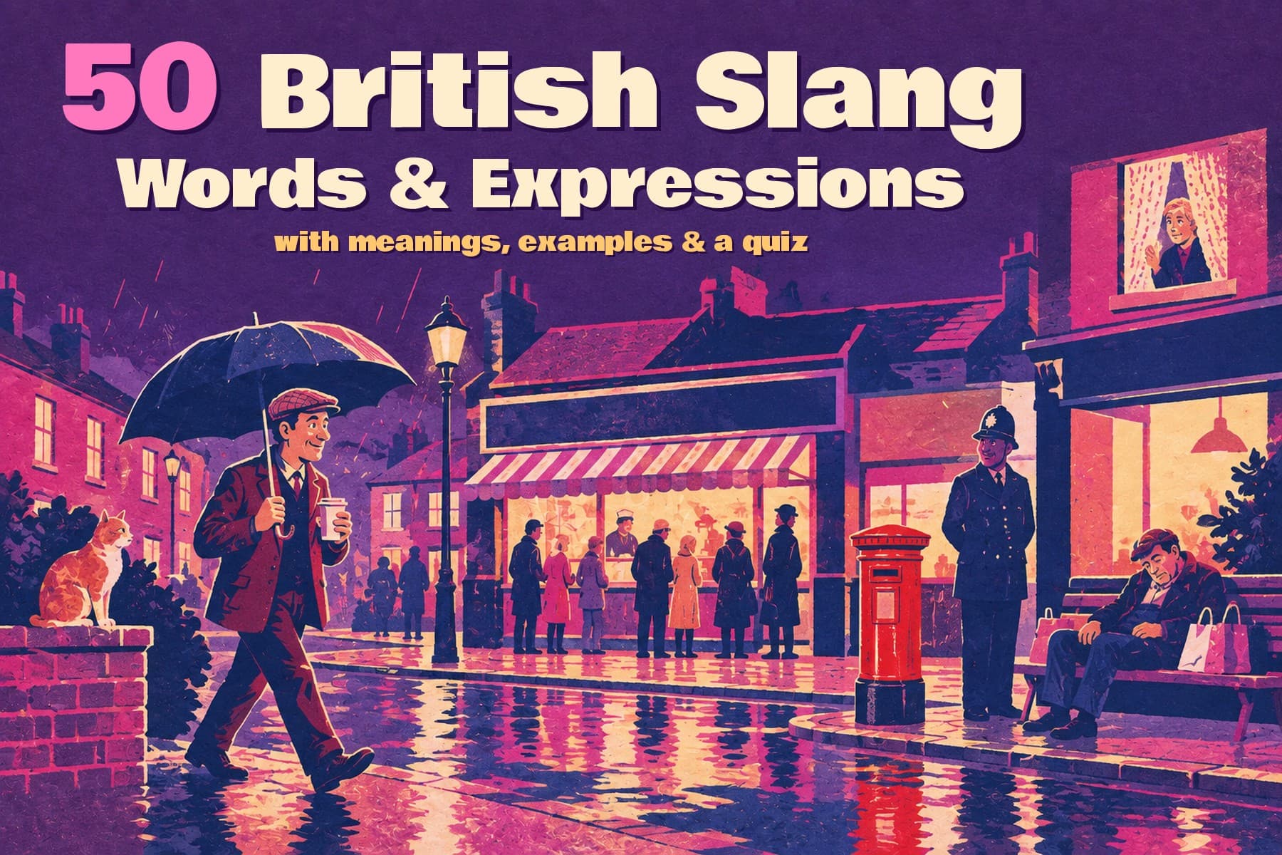 50 British Slang Words and Expressions: poster-style illustration of a rainy British high street with a bloke under a brolly holding a cuppa, a moggy on a wall, a chip shop queue, a curtain-twitcher at a window, a police officer and a knackered man asleep on a bench