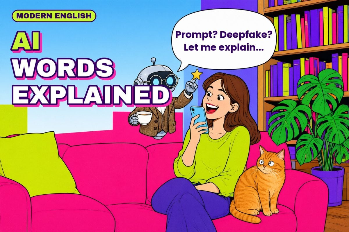 AI words explained: a friendly robot tutor in a tweed jacket explains AI vocabulary to a woman on her phone, while her cat looks on
