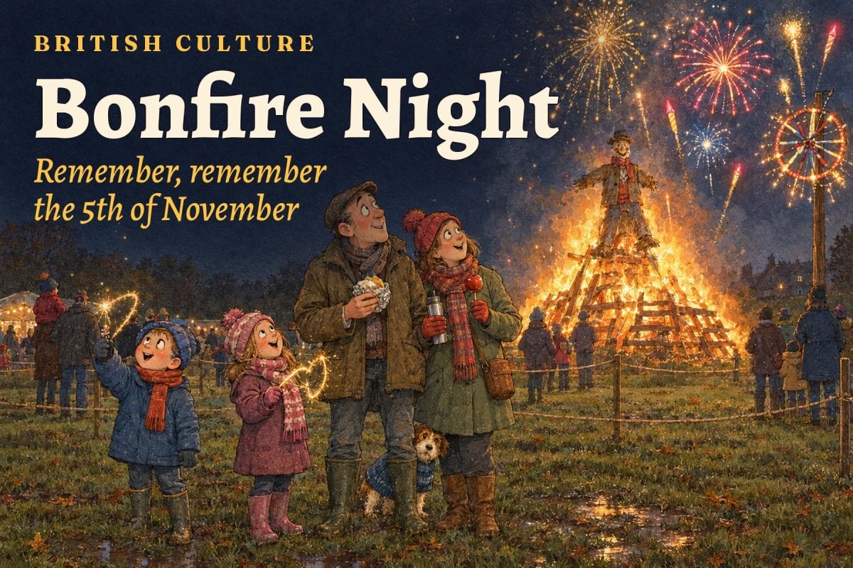 Bonfire Night in Britain: a family with sparklers, a toffee apple and a jacket potato watches fireworks and a big bonfire with a guy on top