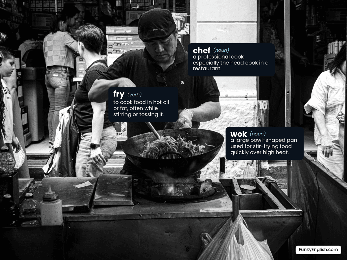 Black and white photo of a street food chef frying noodles in a wok, labelled with the English words chef, fry, and wok