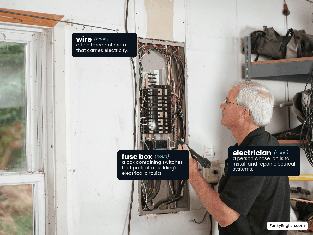 Photo of an electrician inspecting an open fuse box, labelled with the English words wire, fuse box, and electrician