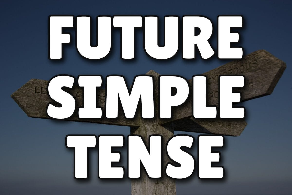 Bold text reading 'Future Simple Tense' over a wooden coast path signpost against a blue sky