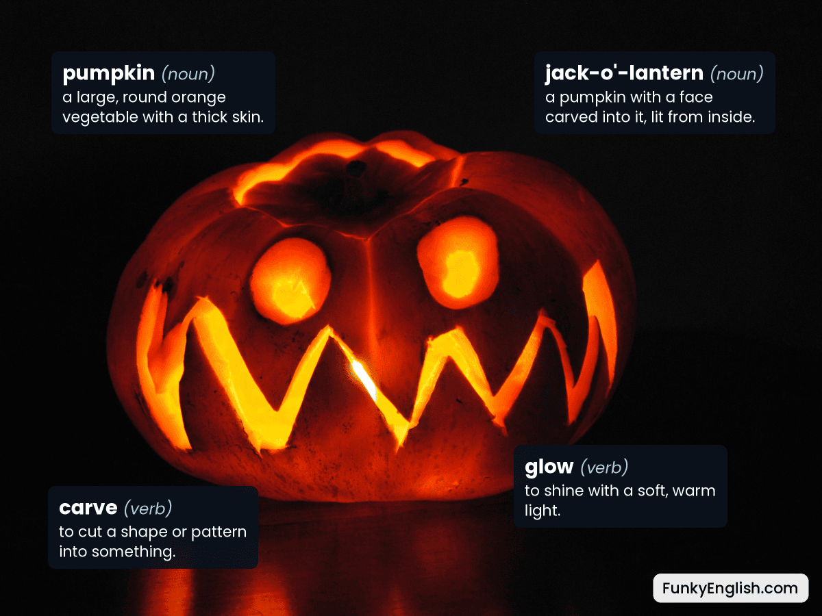 Halloween vocabulary: a glowing jack-o'-lantern labelled pumpkin, jack-o'-lantern, carve and glow.
