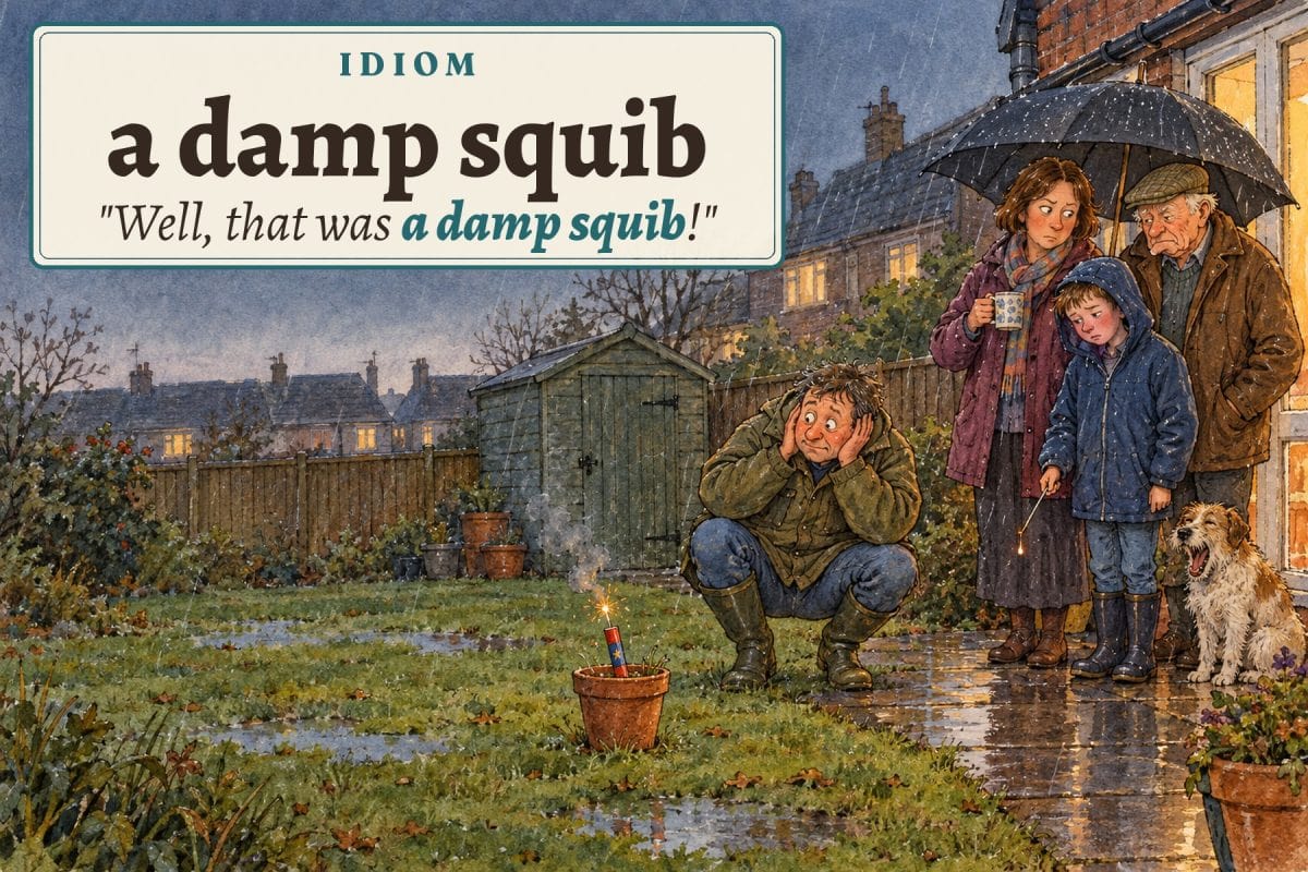A damp squib idiom: a family in the rain watches a disappointing firework fizzle out in a flowerpot