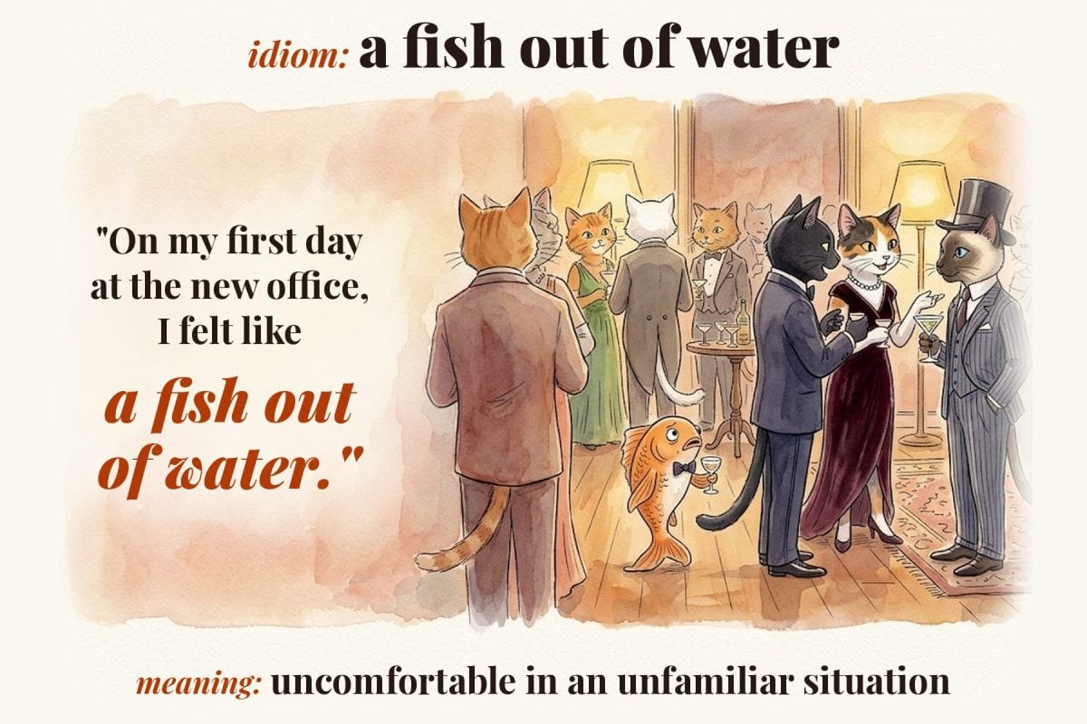 Watercolour illustration of a nervous goldfish in a bow tie at a cocktail party full of elegant cats, with the idiom a fish out of water, its meaning and an example sentence