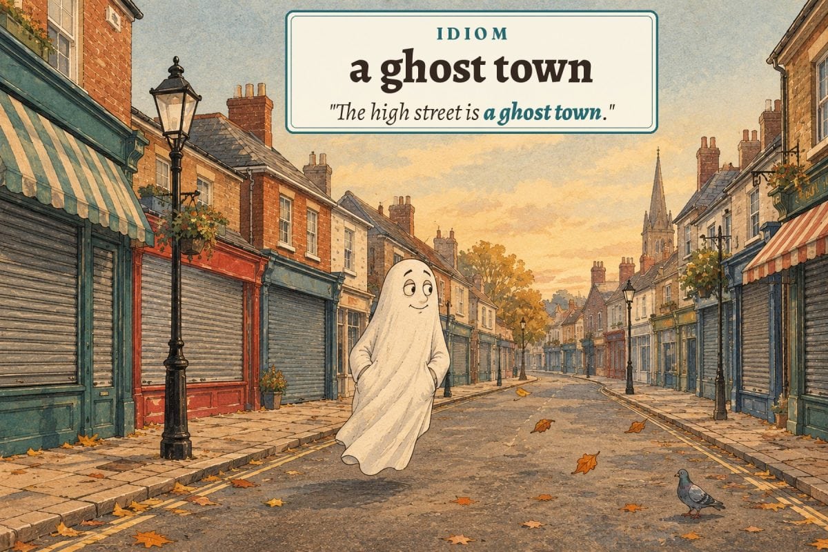 A ghost walks down an empty British high street with every shop shut: a ghost town