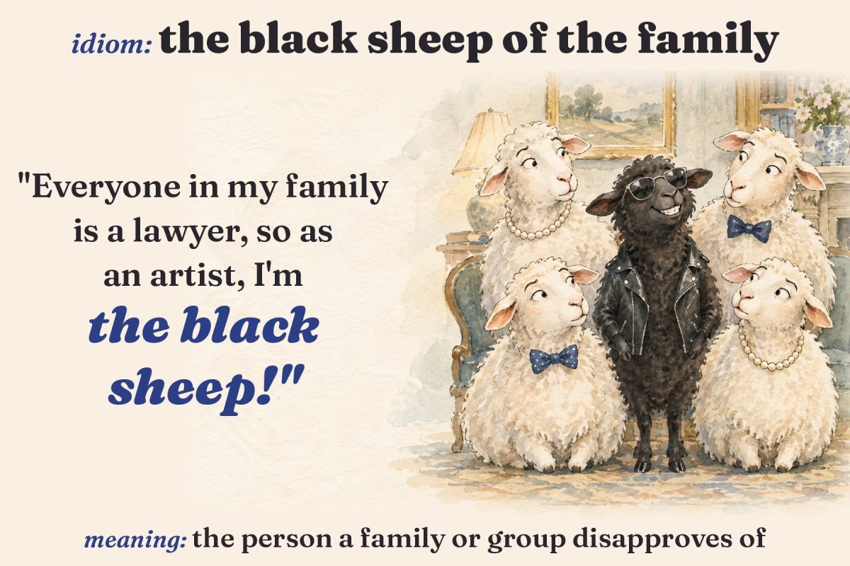 Watercolour of a grinning black sheep in sunglasses and a leather jacket among disapproving white sheep, with the idiom the black sheep of the family, its meaning and an example sentence