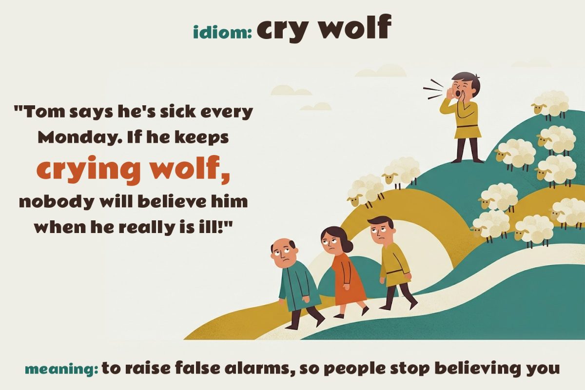 Retro 1960s illustration of a shepherd boy shouting from a hill while villagers roll their eyes and walk away, with the idiom cry wolf, its meaning and an example sentence