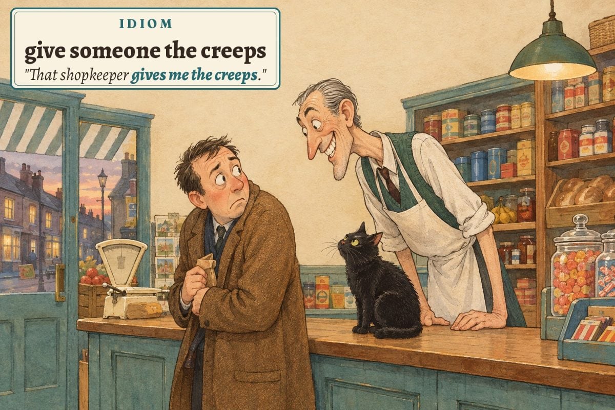 A grinning shopkeeper and a black cat make a nervous customer uneasy: that shopkeeper gives me the creeps