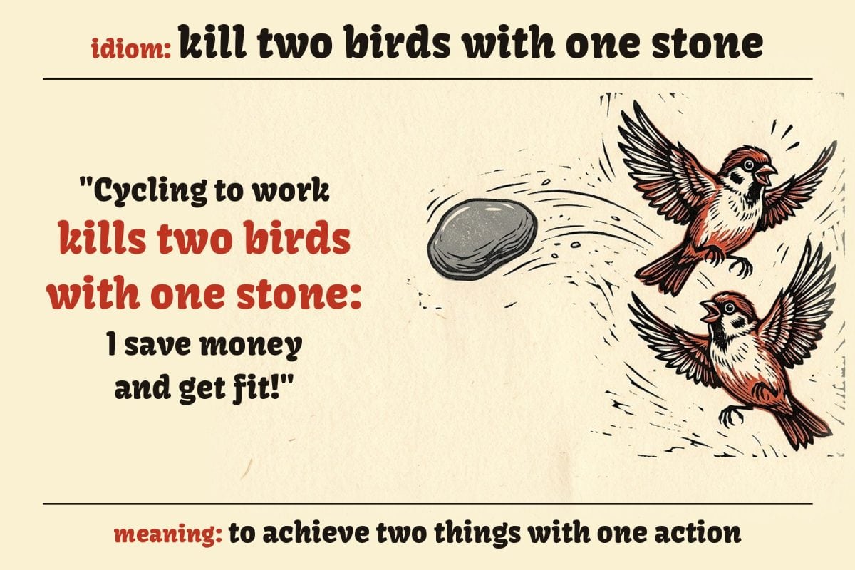 Linocut print of a pebble flying towards two surprised sparrows, with the idiom kill two birds with one stone, its meaning and an example sentence