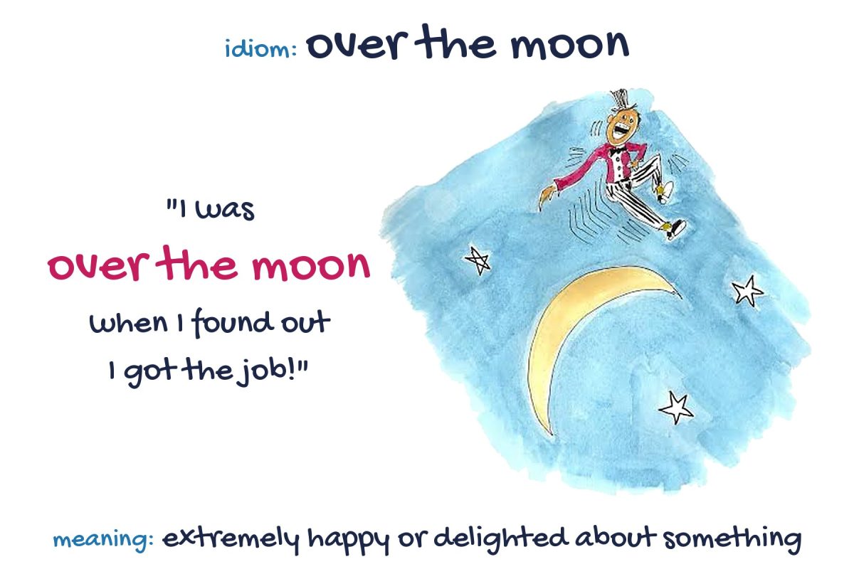 Hand-drawn watercolour of a delighted man in a top hat leaping over a crescent moon, with the idiom over the moon, its meaning and an example sentence