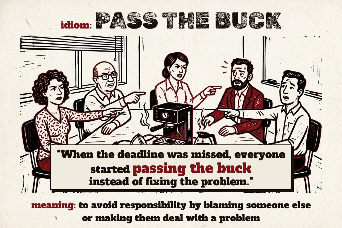 Linocut-style illustration of office workers pointing at each other around a broken coffee machine, with the idiom 'pass the buck', its meaning and an example sentence