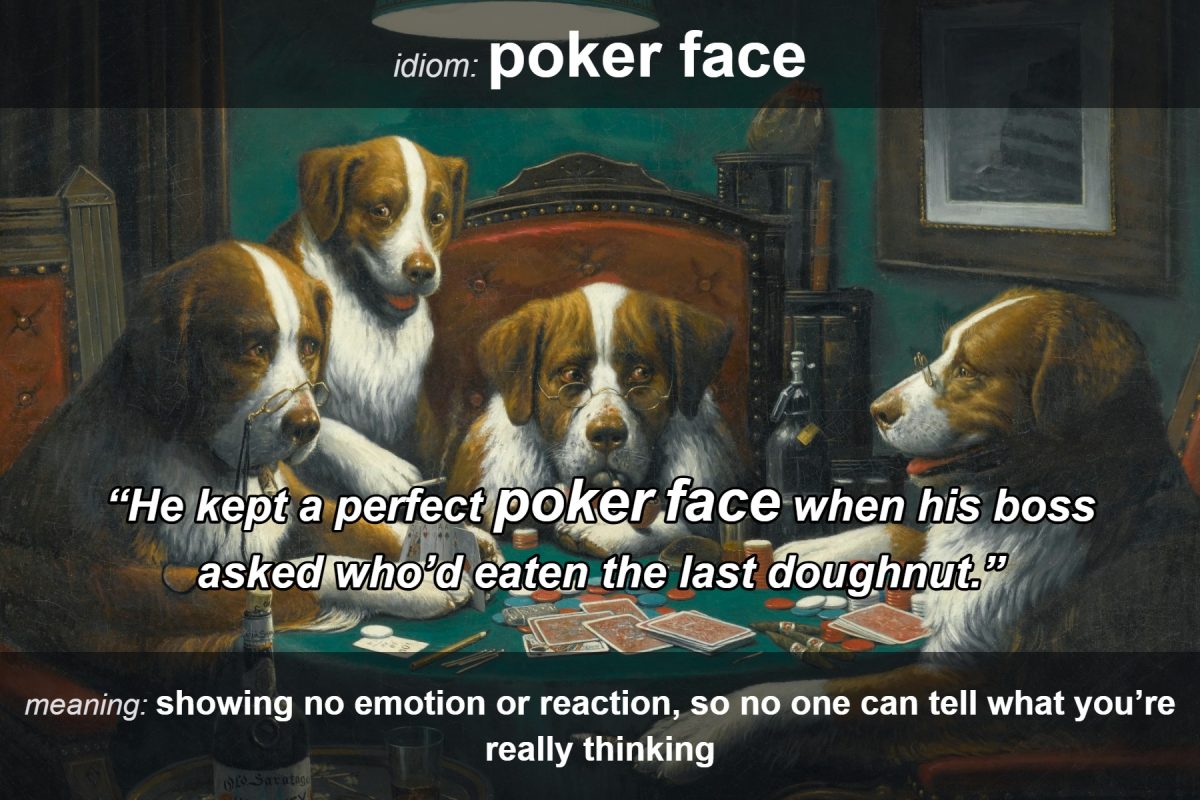 Painting of dogs playing poker with the example sentence He kept a perfect poker face when his boss asked who'd eaten the last doughnut, meaning showing no emotion or reaction, so no one can tell what you're really thinking