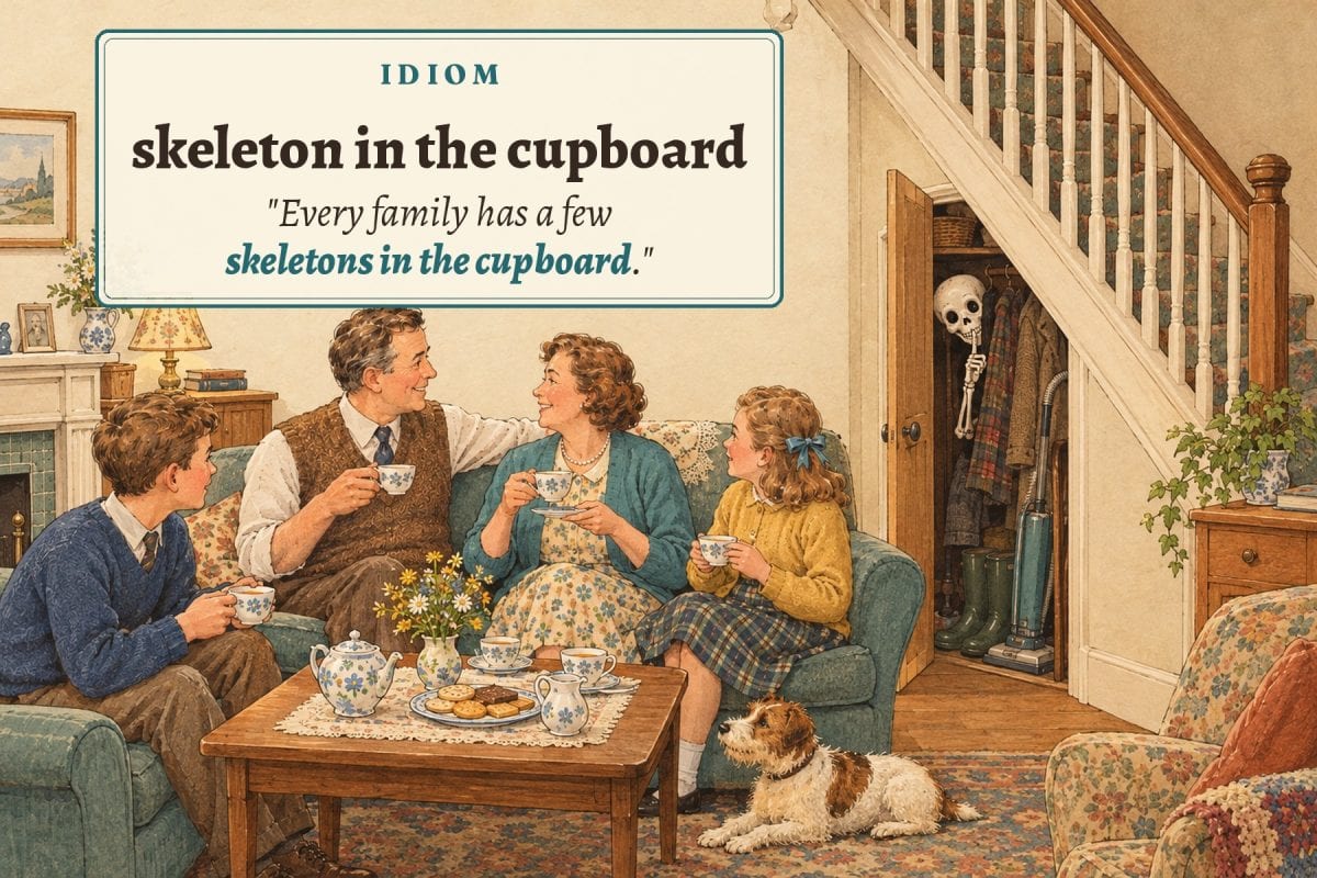 A family having tea while a skeleton peeks out of the cupboard under the stairs: a skeleton in the cupboard