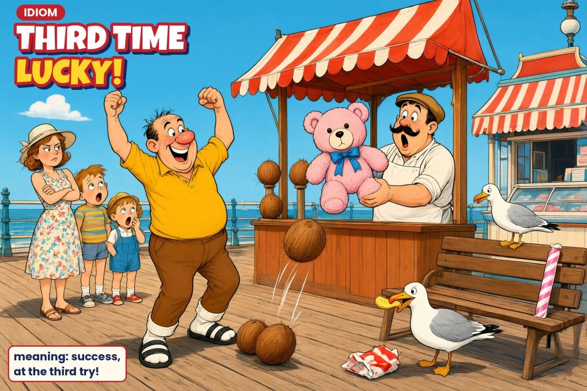 Third time lucky idiom: a dad in socks and sandals celebrates knocking down a coconut on his third try at a seaside pier stall