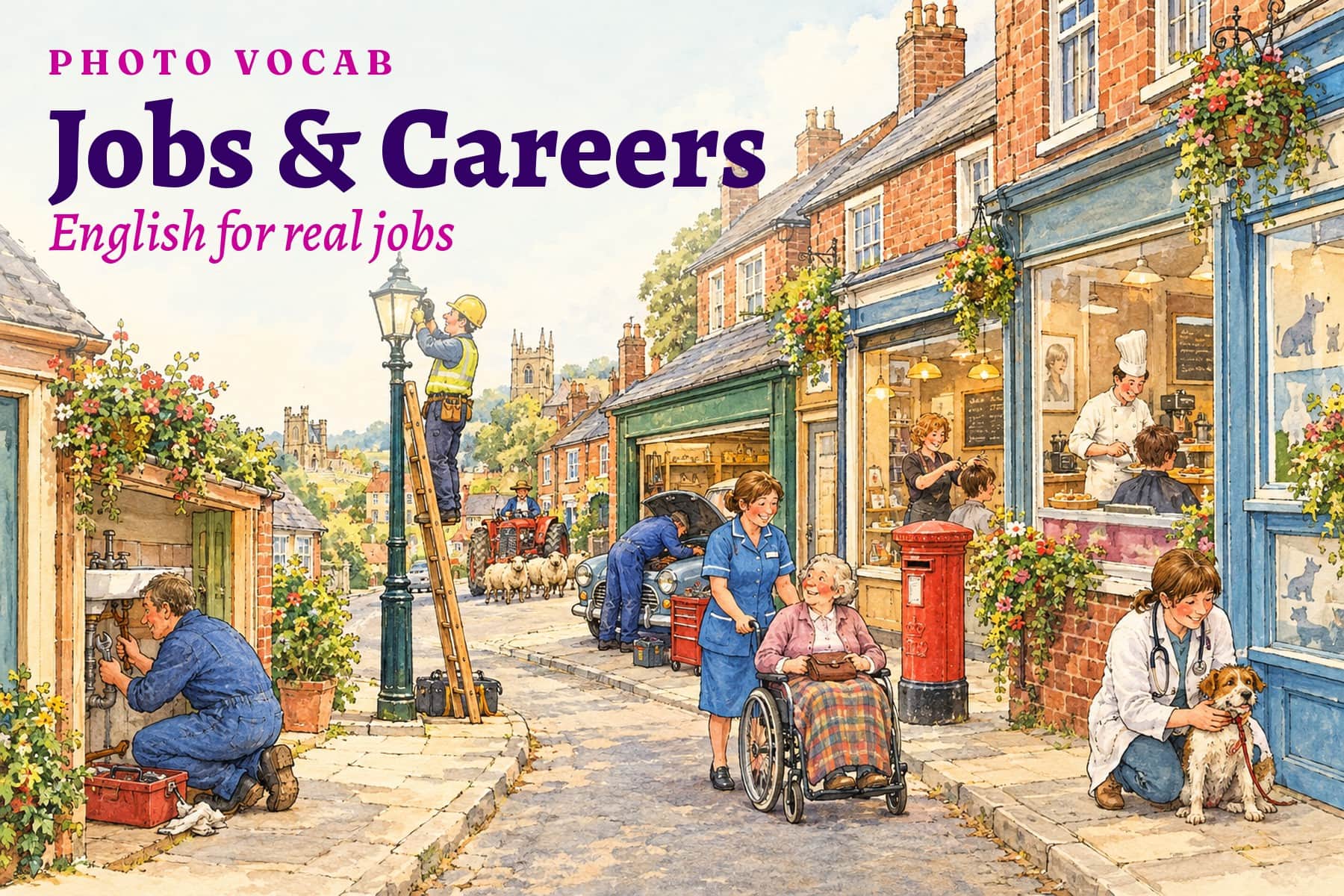 A British high street with a plumber, electrician, mechanic, nurse, hairdresser, chef, farmer and vet at work