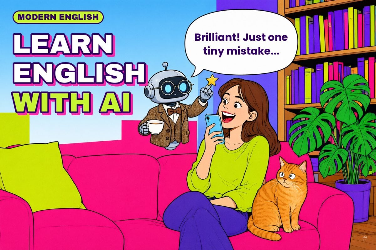 Learn English with AI: a woman practises English on her phone while a friendly robot tutor in a tweed jacket and bow tie gives her a gold star