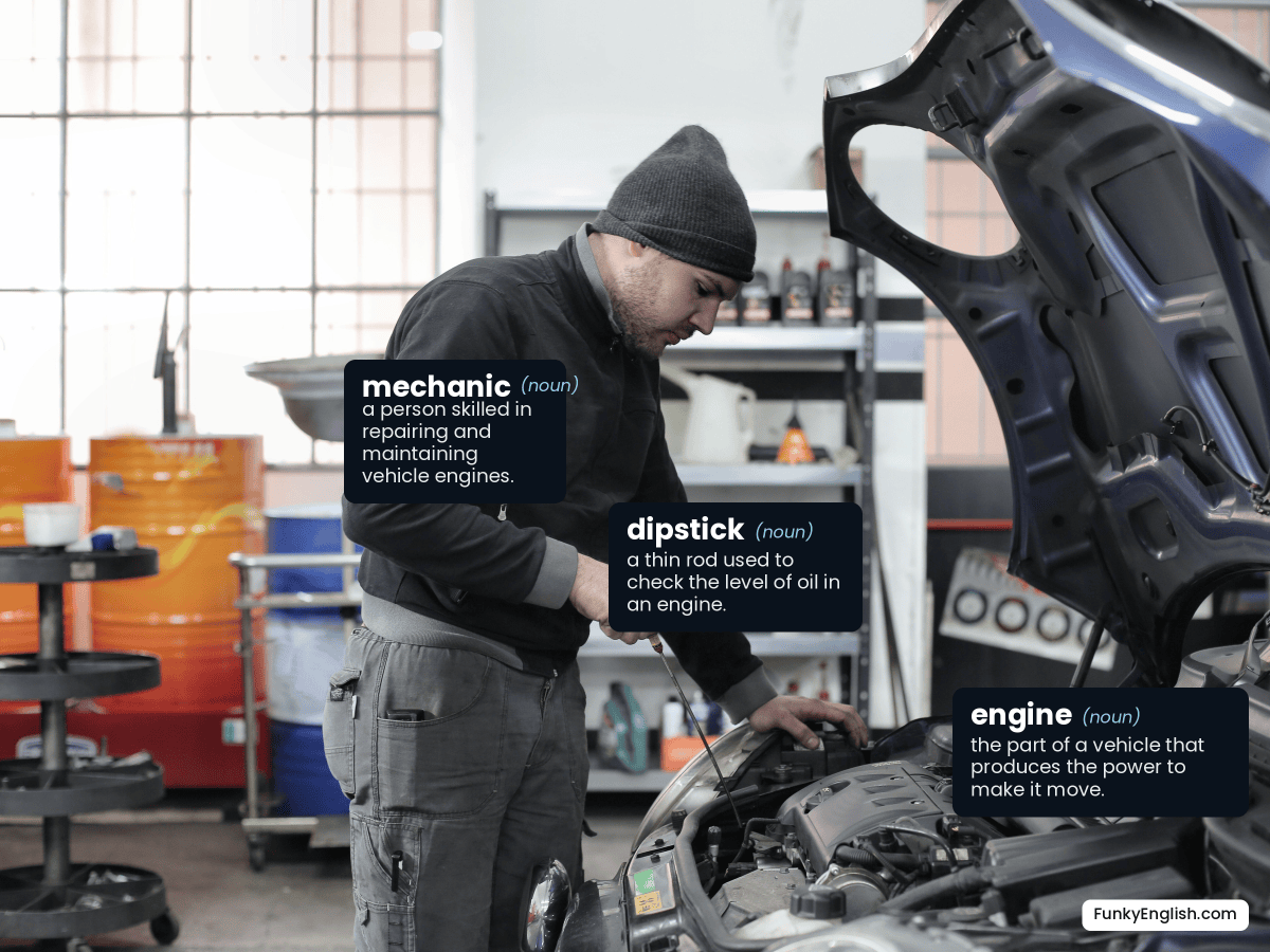 Photo of a mechanic checking the oil dipstick under the open hood of a car, labelled with the English words mechanic, dipstick, and engine