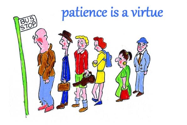 Cartoon illustration of six people patiently queuing at a bus stop, with text overlay reading 'patience is a virtue.
