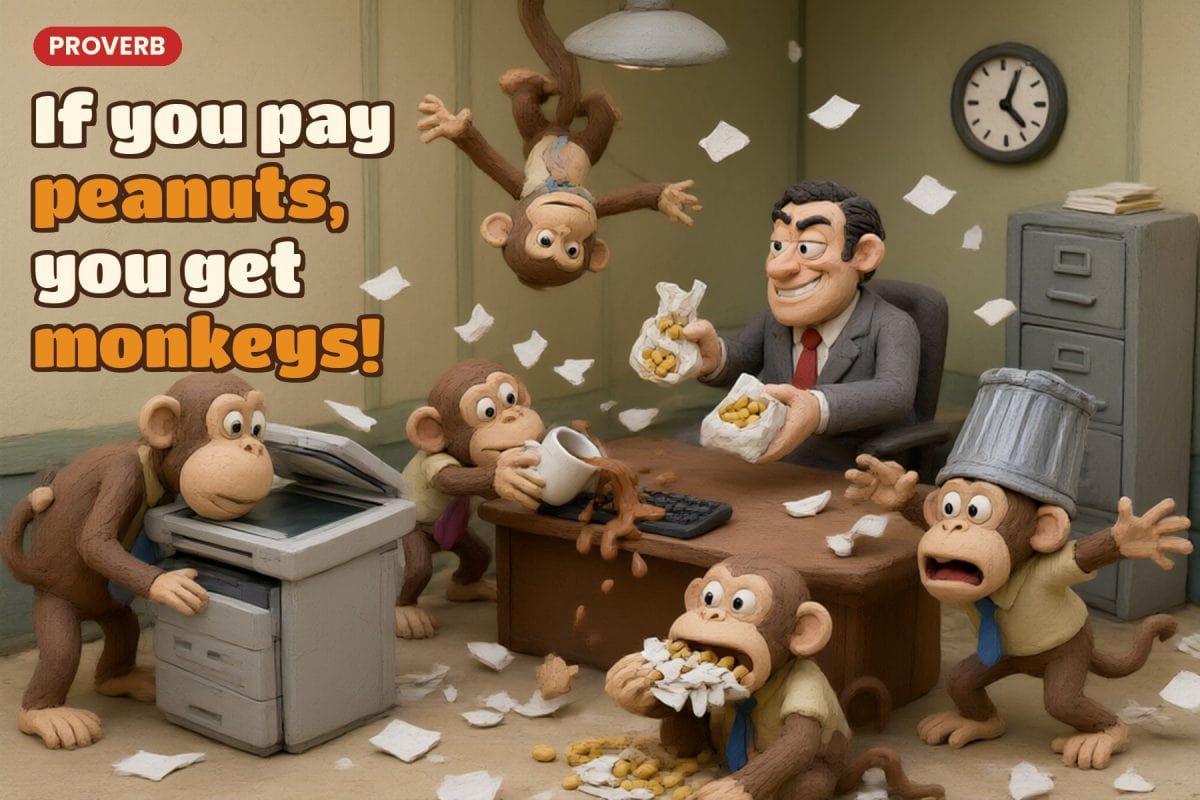 If you pay peanuts, you get monkeys: a smug boss pays office staff in bags of peanuts while his monkey employees cause chaos