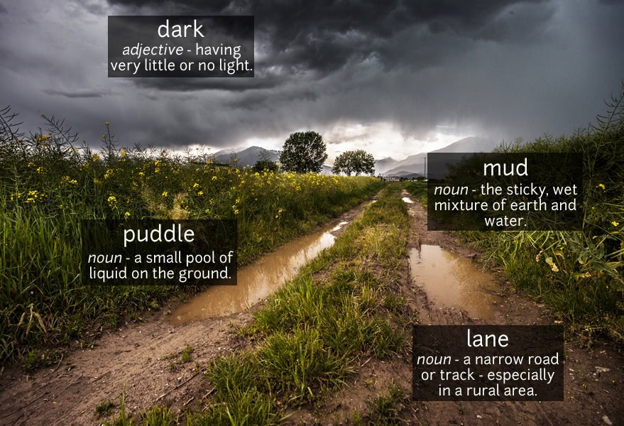 Photo vocabulary: a muddy country lane with puddles under a dark, stormy sky, labelled puddle, mud, lane and dark.