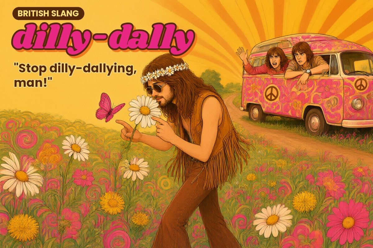 Dilly-dally British slang: a 1970s hippy stops to smell a daisy in a flower meadow while his friends wait impatiently in a painted camper van
