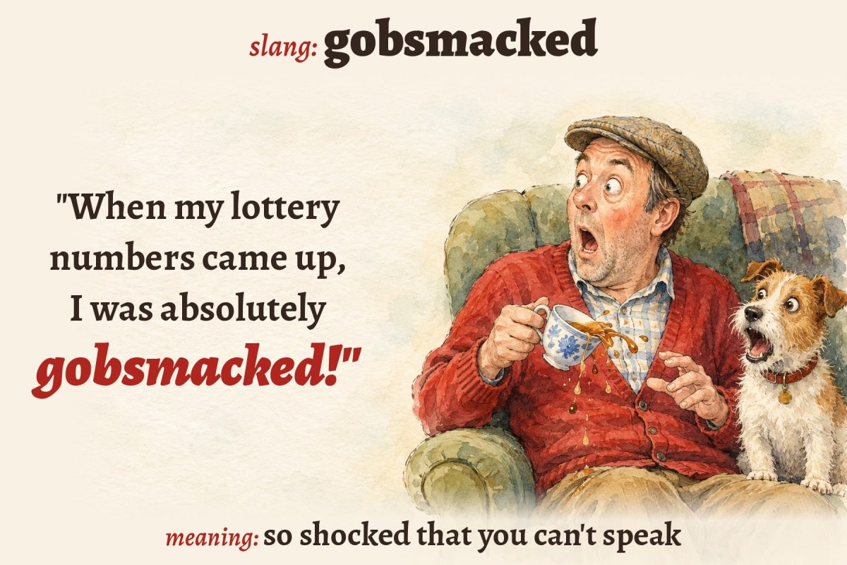 Watercolour of a shocked man in a flat cap spilling his tea beside an equally shocked terrier, with the British slang word gobsmacked, its meaning and an example sentence