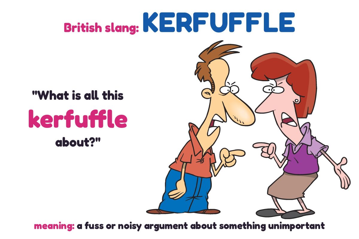 Cartoon of a man and woman arguing and pointing at each other, with the British slang word 'kerfuffle', an example sentence and its meaning