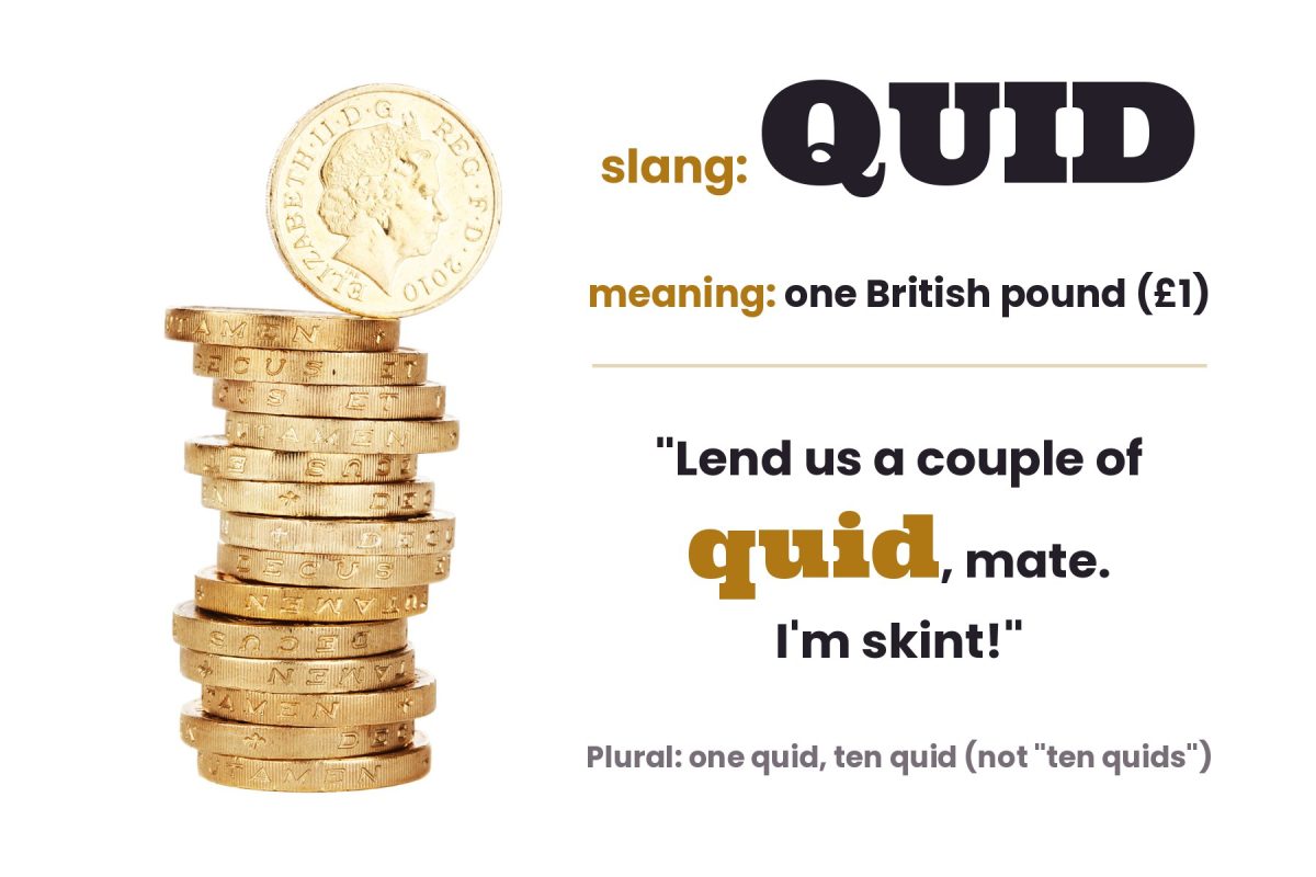 A stack of British one-pound coins, with the slang word 'quid', its meaning (one British pound) and an example sentence
