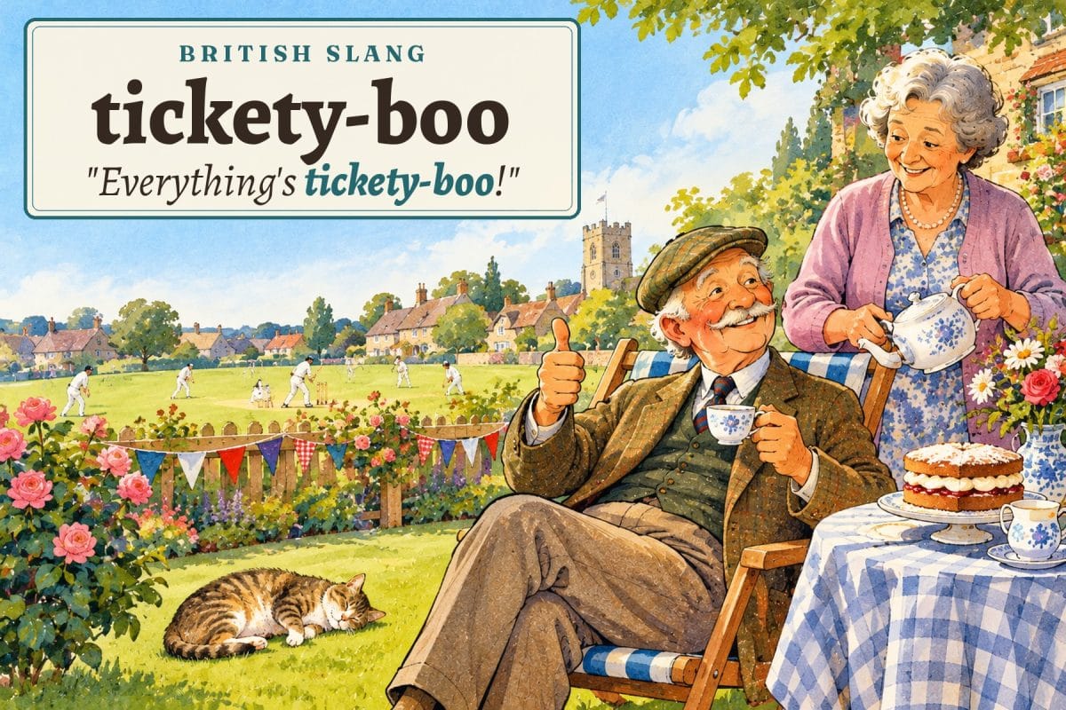 Tickety-boo British slang: a smiling old gentleman in a flat cap gives a thumbs-up with his tea in a sunny English village garden