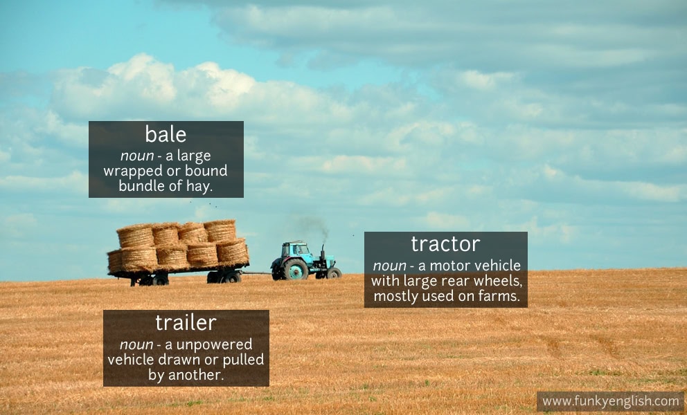 Photo vocabulary: a blue tractor pulling a trailer loaded with hay bales across a golden field, labelled bale, tractor and trailer.